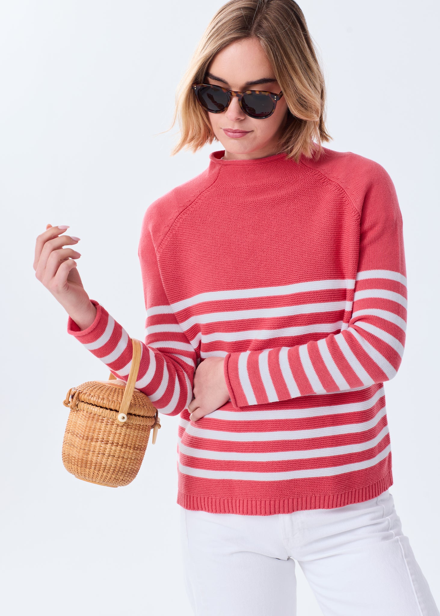 Women's Striped Lightweight Mock Neck Cotton Sweater – Alice Walk