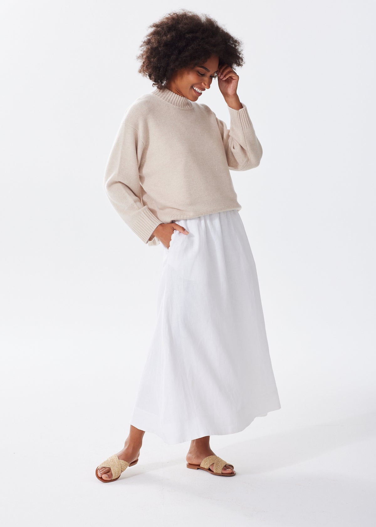 white linen skirts and dresses Linen Drawstring Midi Skirt - White