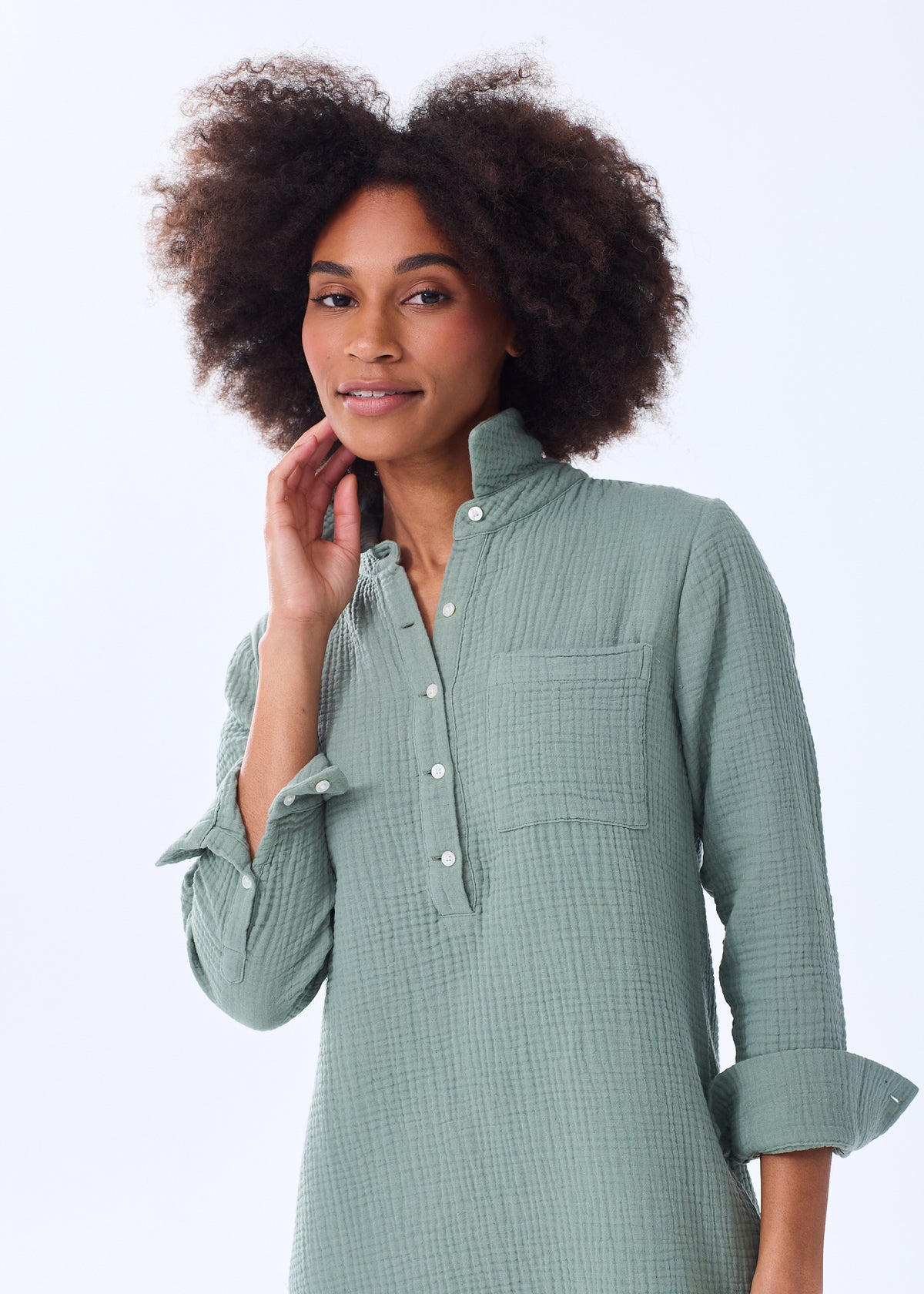 Women's Organic Cotton Gauze Shirt Dress - Crinkly Triple Gauze Alice Walk Women's Organic Cotton Gauze Shirt Dress - Crinkly Triple Gauze Alice Walk