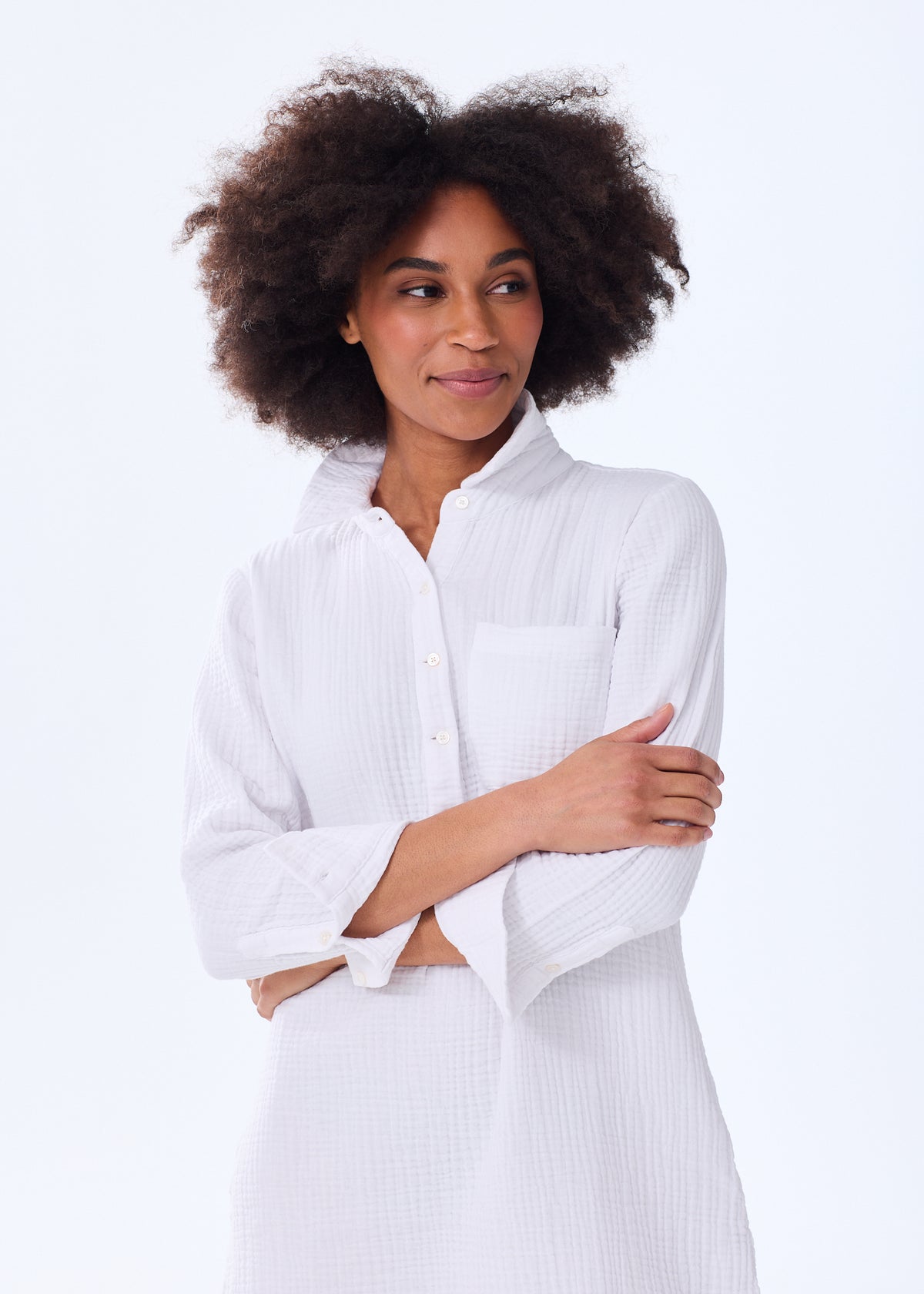Women's Organic Cotton Gauze Shirt Dress - Crinkly Triple Gauze, Alice Walk Blue / L Women's Organic Cotton Gauze Shirt Dress - Crinkly Triple Gauze, Alice Walk Blue / L