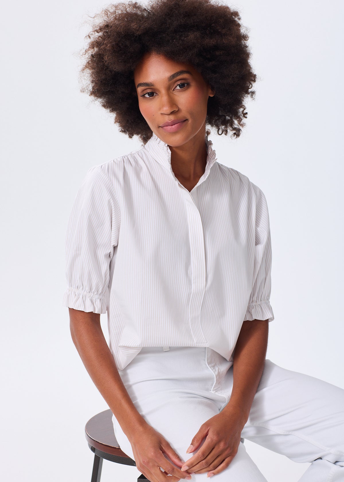 The Short Sleeve Ruffle Blouse - Striped - Discontinued Color