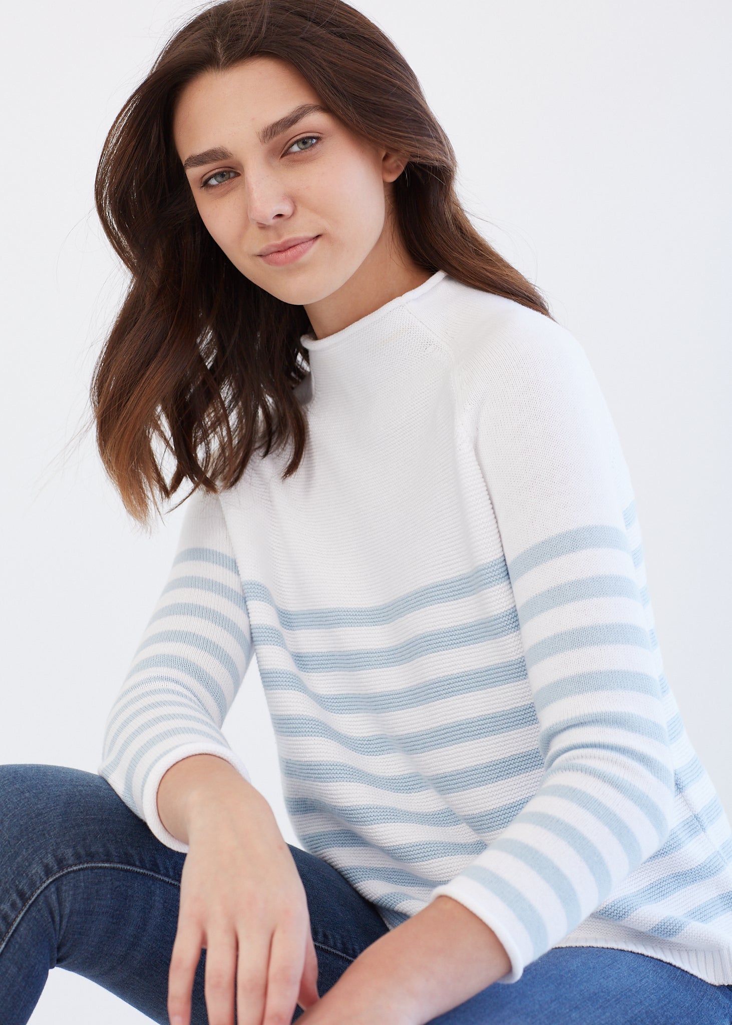 Women's Striped Lightweight Mock Neck Cotton Sweater Alice Walk