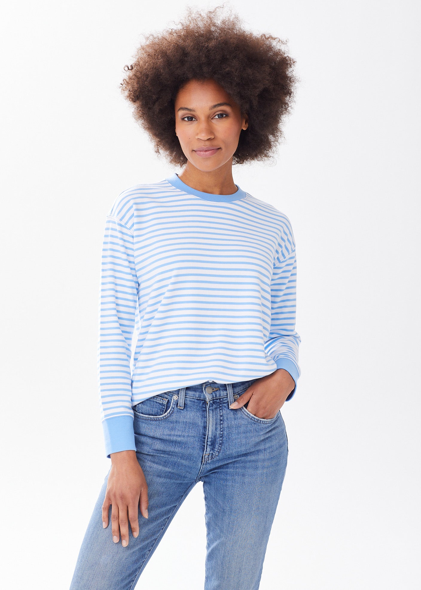 Women s Super Soft Classic Pima and Modal Crewneck Sweatshirt Alice Walk Blue White Stripe XL